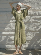Soft Pleated Button-Front Linen Dress with Waist Tie